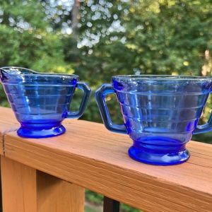 Vtg Hazel Atlas Blue Glass Sugar and Creamer Set